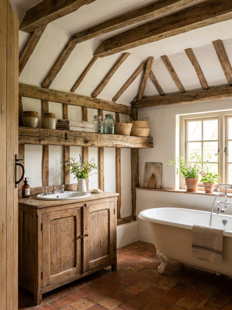 Beautiful rustic french cottage bathroom with weathered wooden shelf exposed beam white walls and cottage accessories