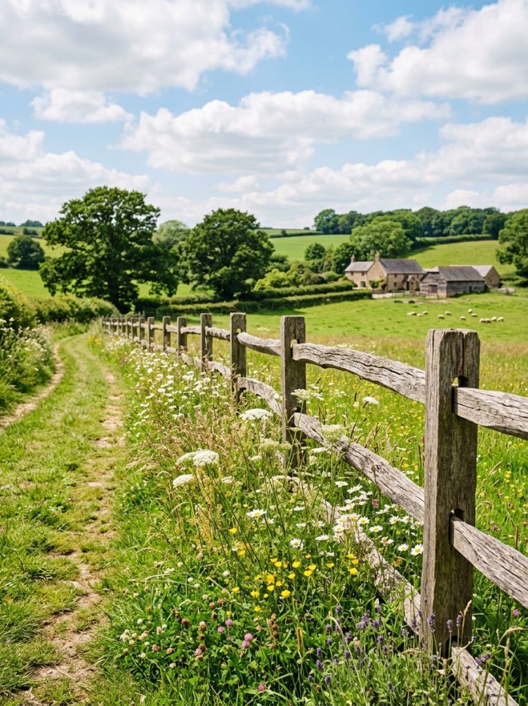 Beautiful rustic country farm style fence with weathered timber split rail and native plants in authentic sunny rural setting