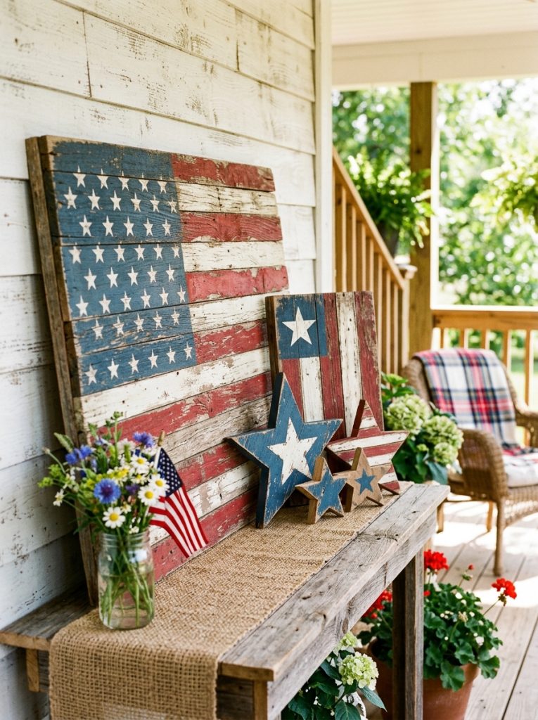 Beautiful rustic 4th of July wood crafts with weathered wood flag distressed patriotic sign and rustic wooden stars aged quality