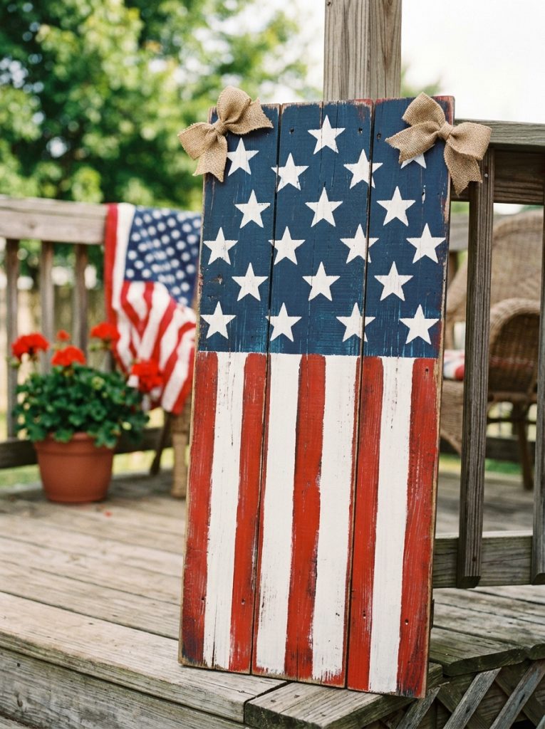 Beautiful rustic patriotic wood sign 4th of July craft with Independence Day message in red white blue lettering with stars and distressed finish