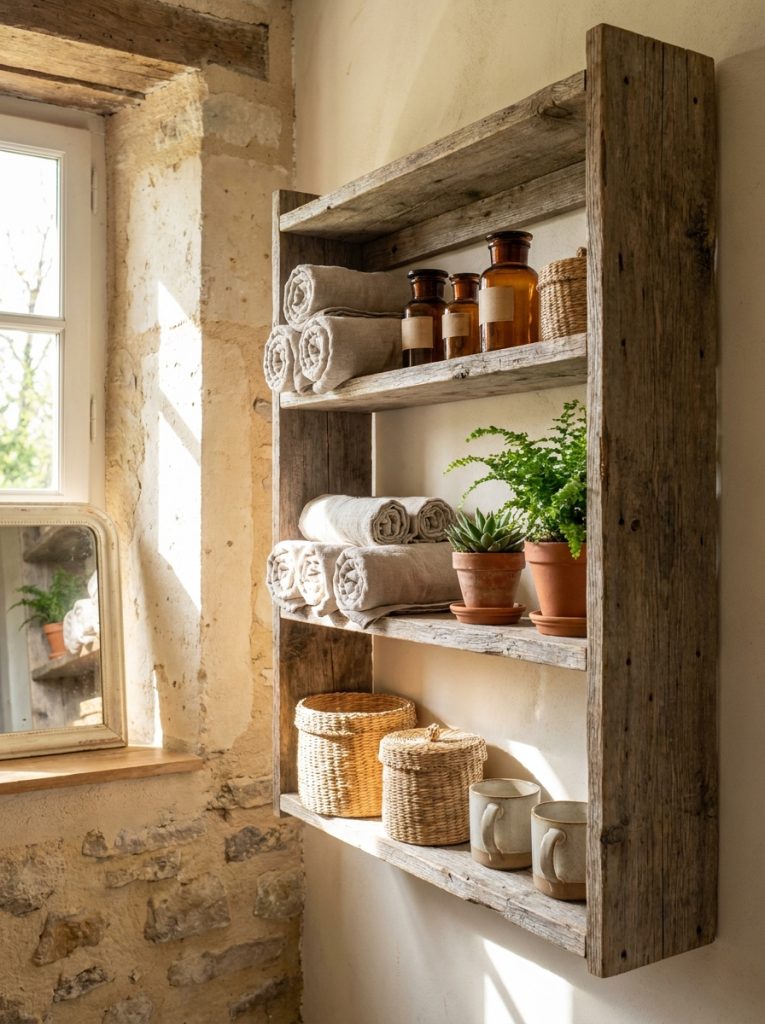 Beautiful rustic wall-mounted bathroom shelf holding cottage accessories small plants rolled towels and vintage jars in cottage bathroom 
