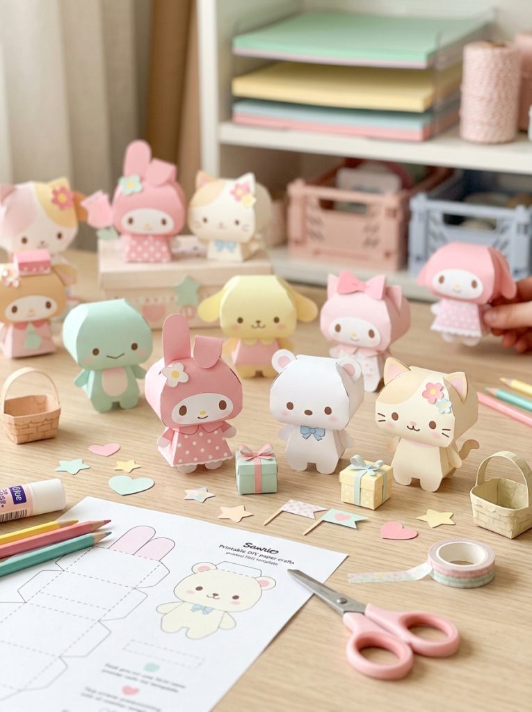  Cute Sanrio-inspired printable DIY craft creations with character figures accessories in pink white and pastel assembled from templates
