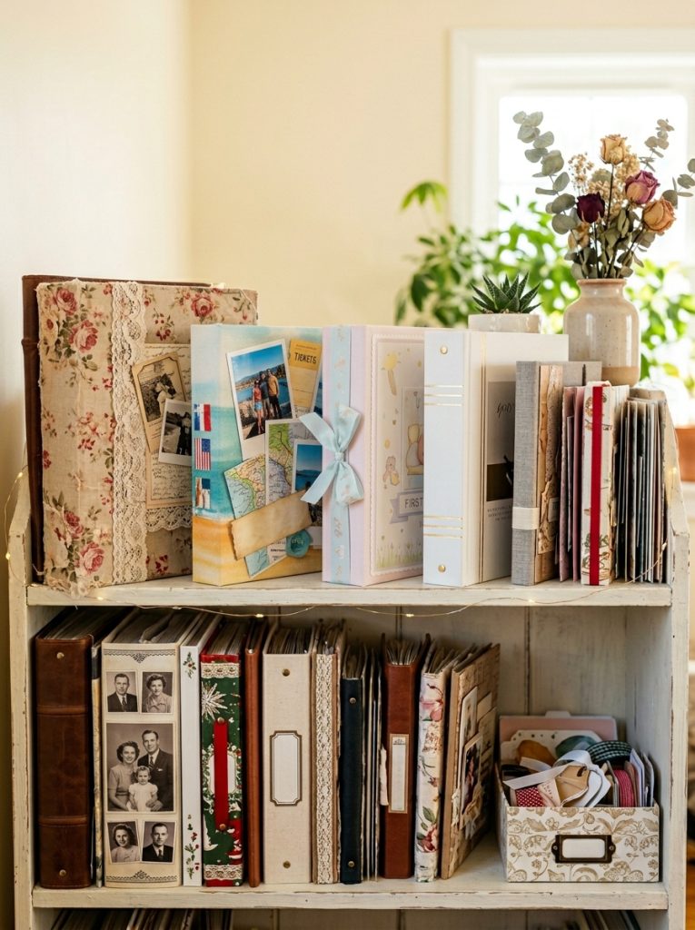  Complete scrapbook collection on shelf with romantic vintage summer travel baby and aesthetic albums as beautiful personal memory library 
