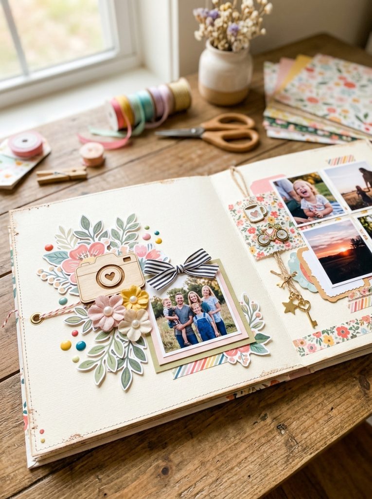 Beautiful scrapbook embellishment ideas with die cuts charms ribbon wooden elements enamel pins and flowers on dimensional layouts