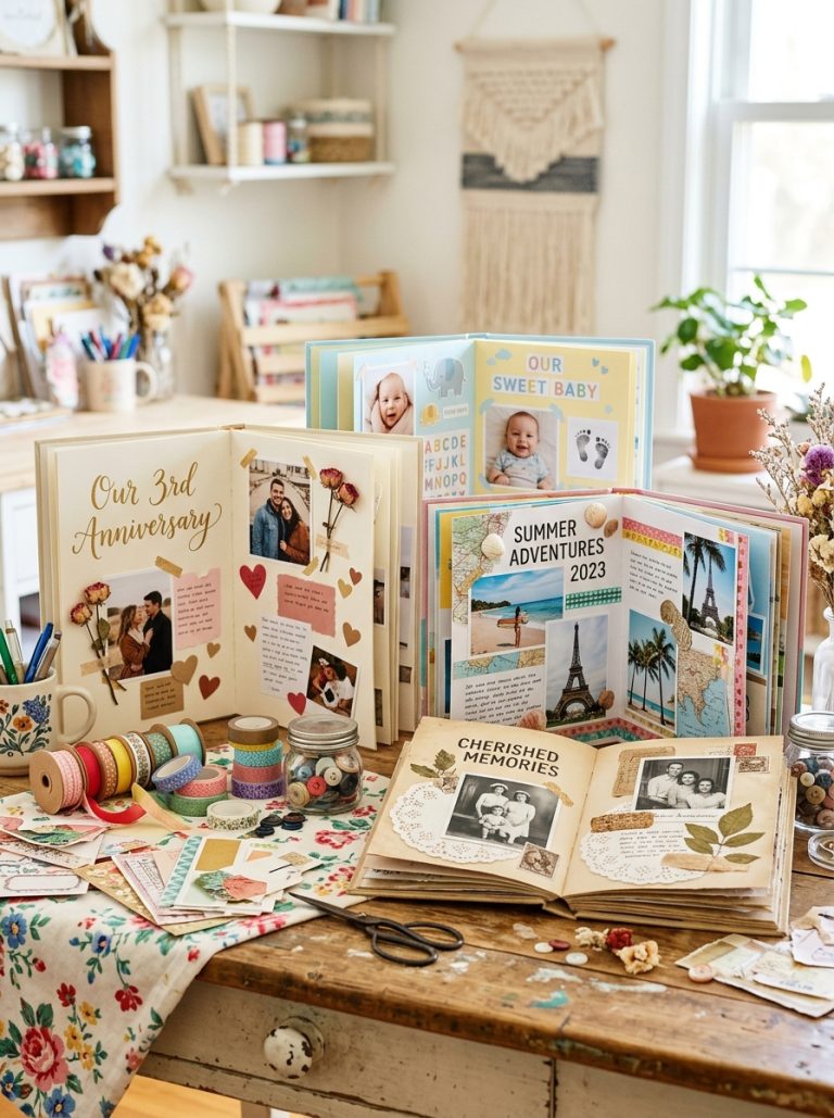 Beautiful scrapbook ideas display with boyfriend anniversary baby memory summer travel and vintage aesthetic scrapbooks on styled craft table