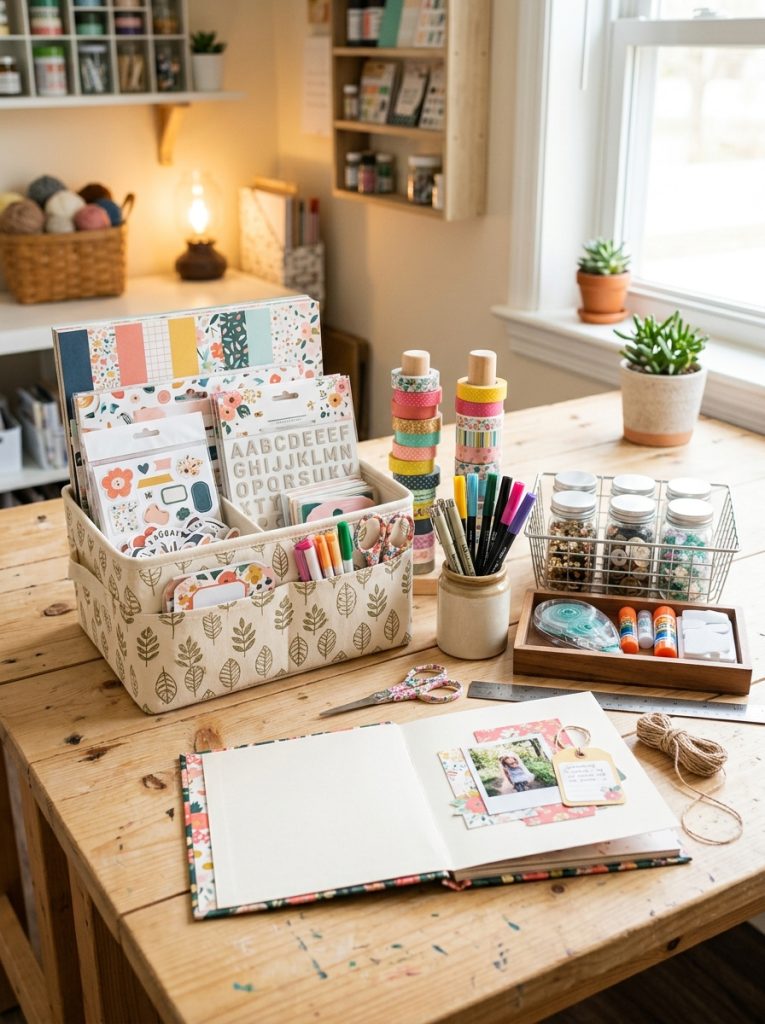  Beautiful complete scrapbook kit with patterned papers stickers washi tape embellishments journaling pens and adhesives organized 