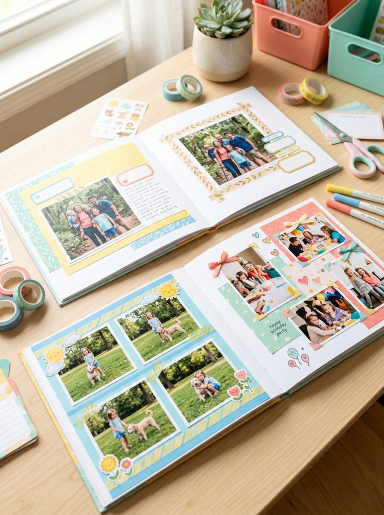 Adorable cute simple scrapbook page ideas with sticker decorations washi tape borders cheerful colors and simple photo arrangements