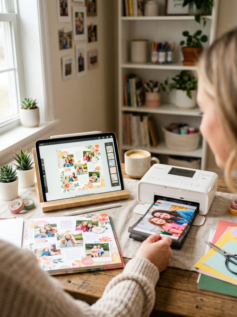Beautiful digital scrapbook printing setup with small printer printing photos alongside digital layout on tablet for modern scrapbooking