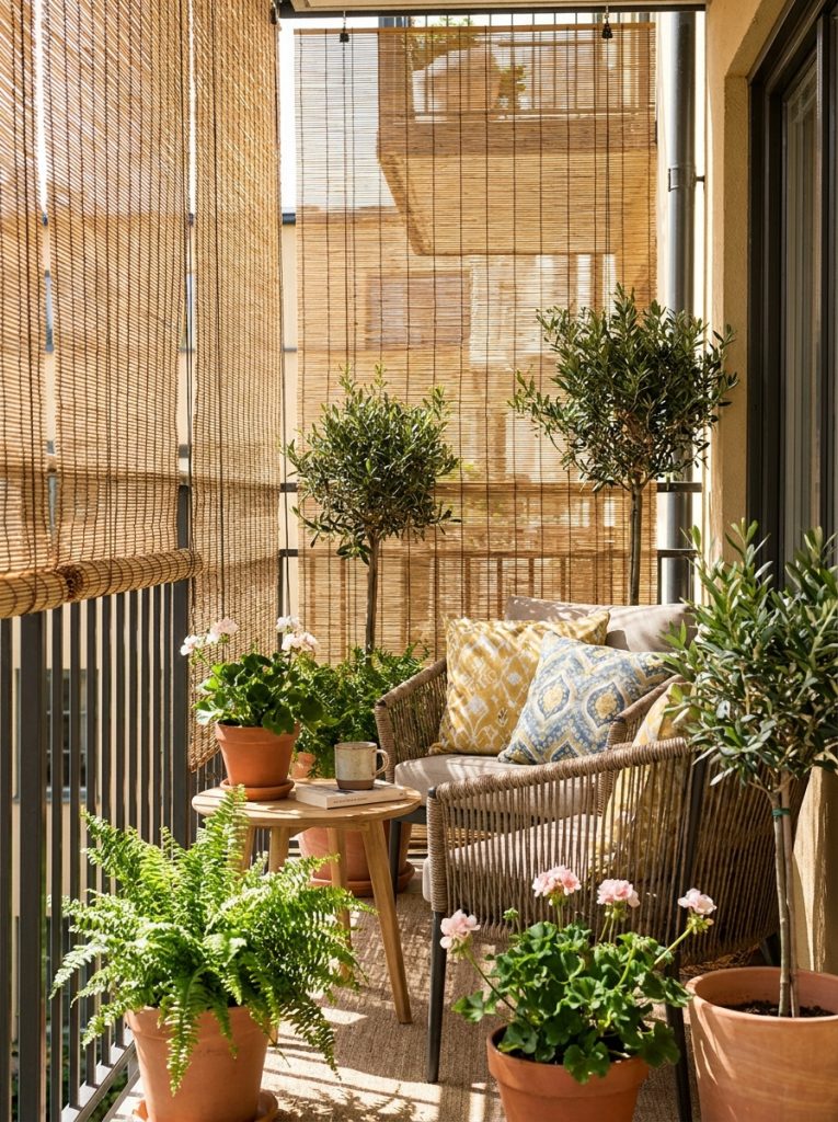 Beautifully screened apartment balcony with bamboo privacy screen on railings potted plants and seating behind 