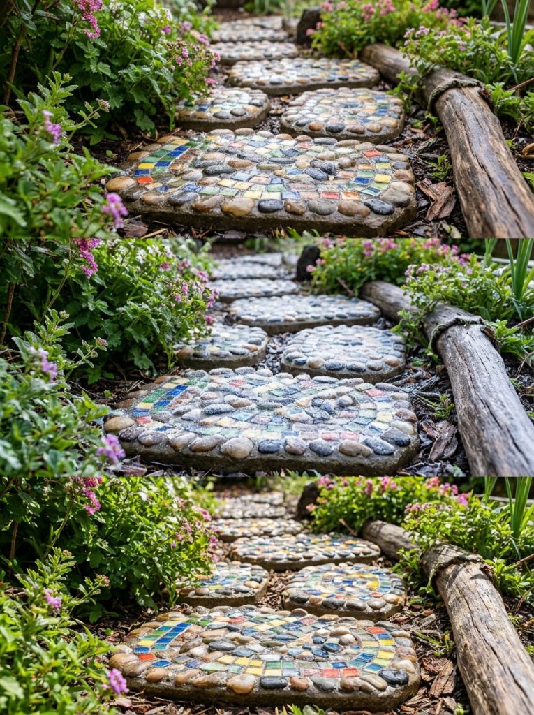 Beautifully sealed waterproof DIY stepping stones with clear protective finish maintaining color through rain frost and outdoor conditions