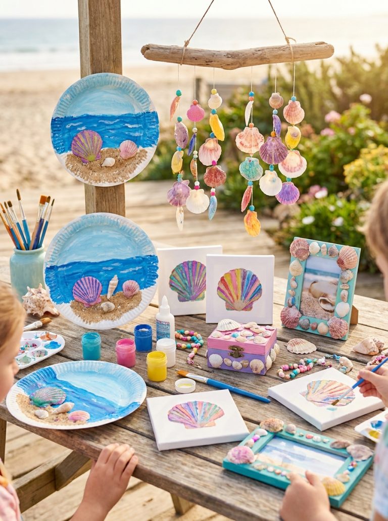 Colorful seashell crafts for kids display with painted shells paper plate ocean scenes shell wind chimes and decorated keepsakes