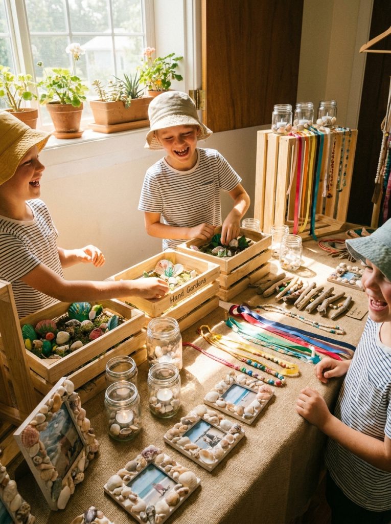 Beautiful seashell decoration crafts made by kids with decorated shells as summer garden displays candle holders and arrangement vignettes