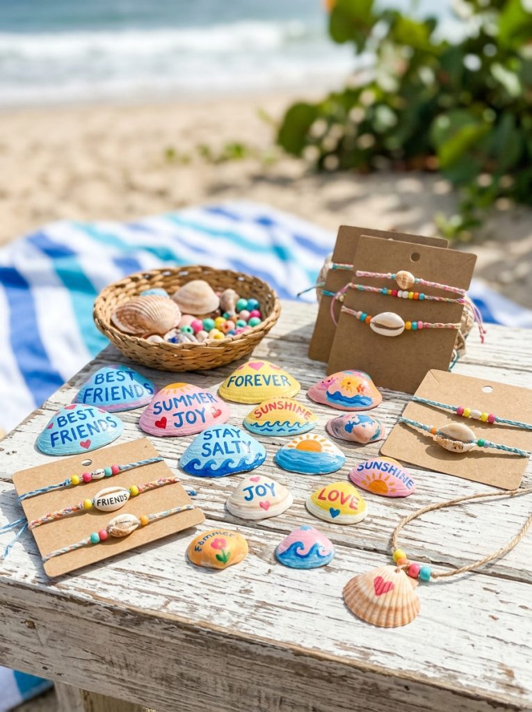 Adorable seashell friendship gift crafts with painted message shells and simple shell bracelet necklace as summer friendship keepsakes