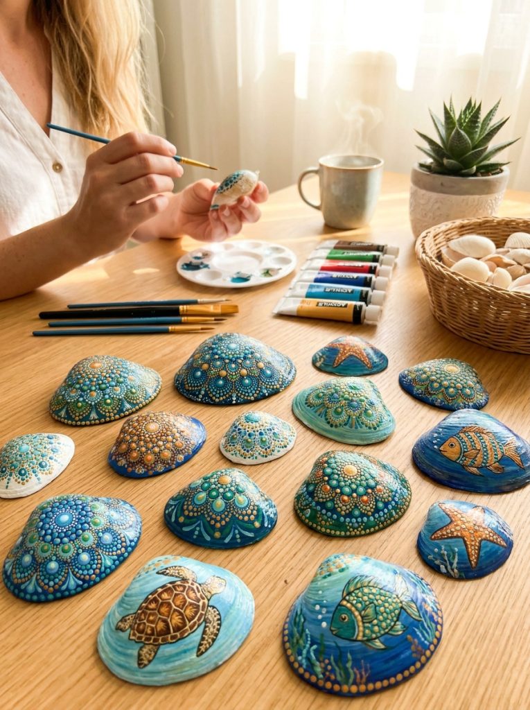 Easy DIY seashell crafts painted in detailed rock art style with mandala patterns dot art and ocean creatures on shell surfaces