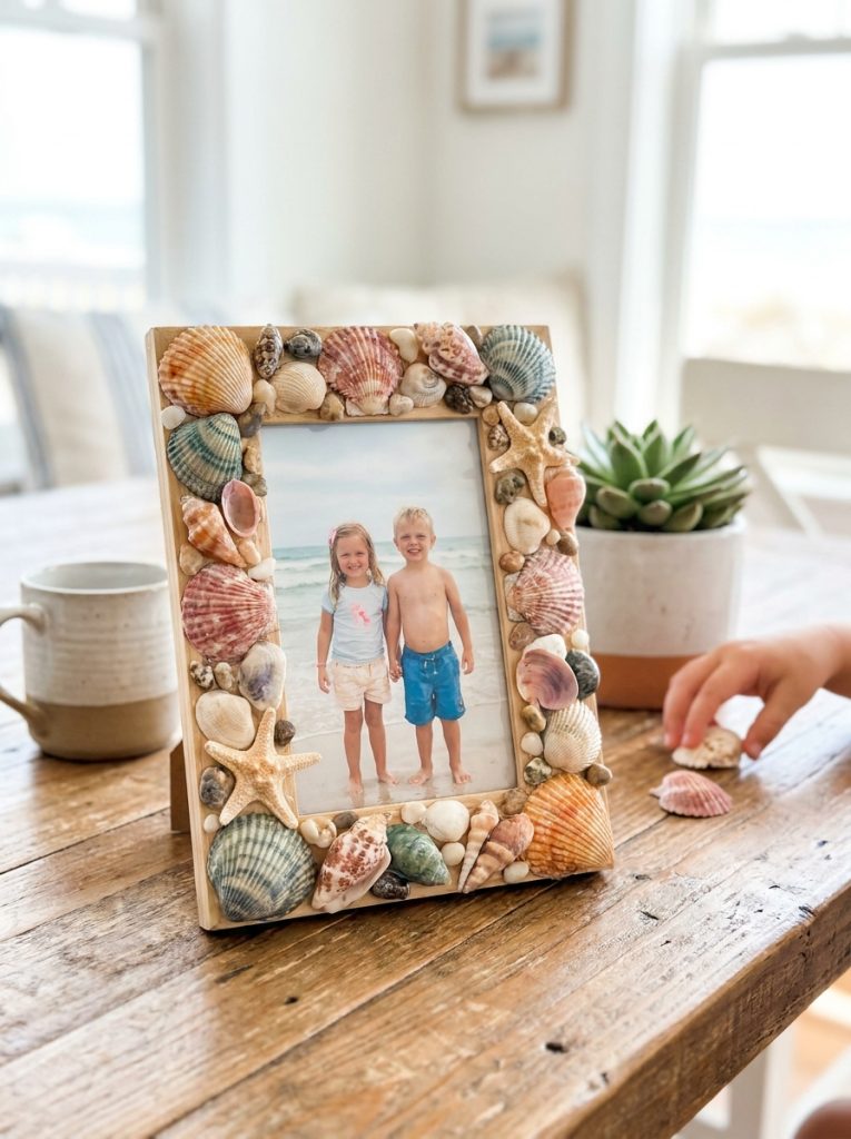 Beautiful seashell picture frame keepsake craft with real shells glued around plain frame border creating beach memory display