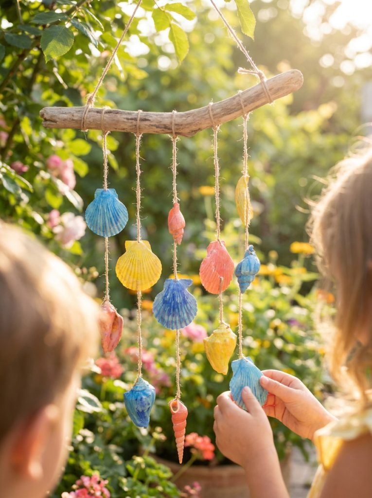 Beautiful simple seashell wind chime craft made by kids with painted shells hung from driftwood on different string lengths