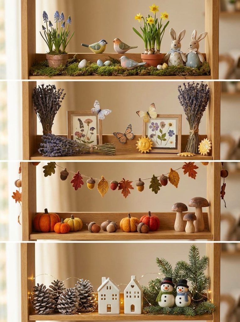 Beautiful whimsical seasonal craft decorations with updated shelf display showing spring flowers and summer butterflies enchanting