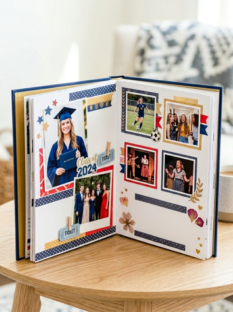 Beautiful senior graduation scrapbook with graduation photos prom memories senior highlights achievements and heartfelt reflections