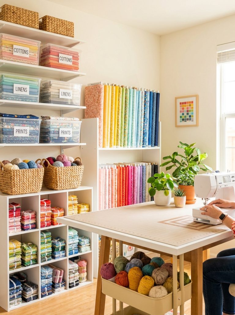Bright cheerful professional lifestyle photography of a beautifully organized sewing room with a complete fabric storage system — clear labeled bins on white shelves, fabric bolts on a rack, yarn in baskets, small fabric pieces in cube organizers, bright cheerful well-organized creative space — no text, vertical portrait