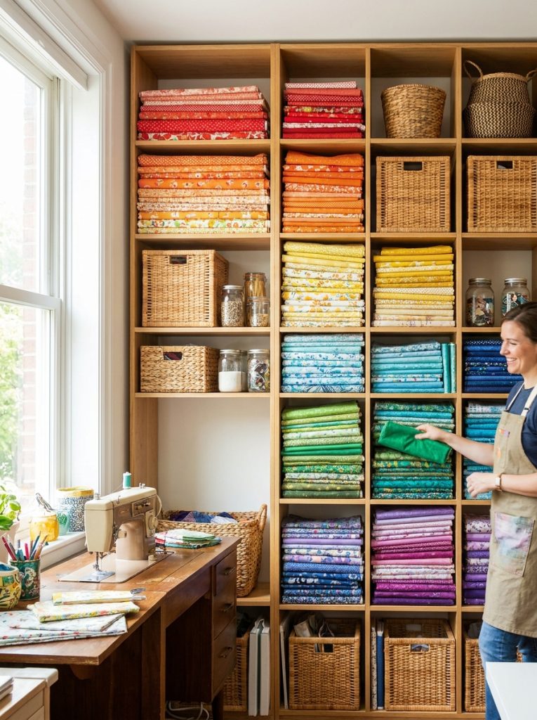 Beautiful creative sewing room fabric storage feature wall with rainbow organized fabric on open shelves