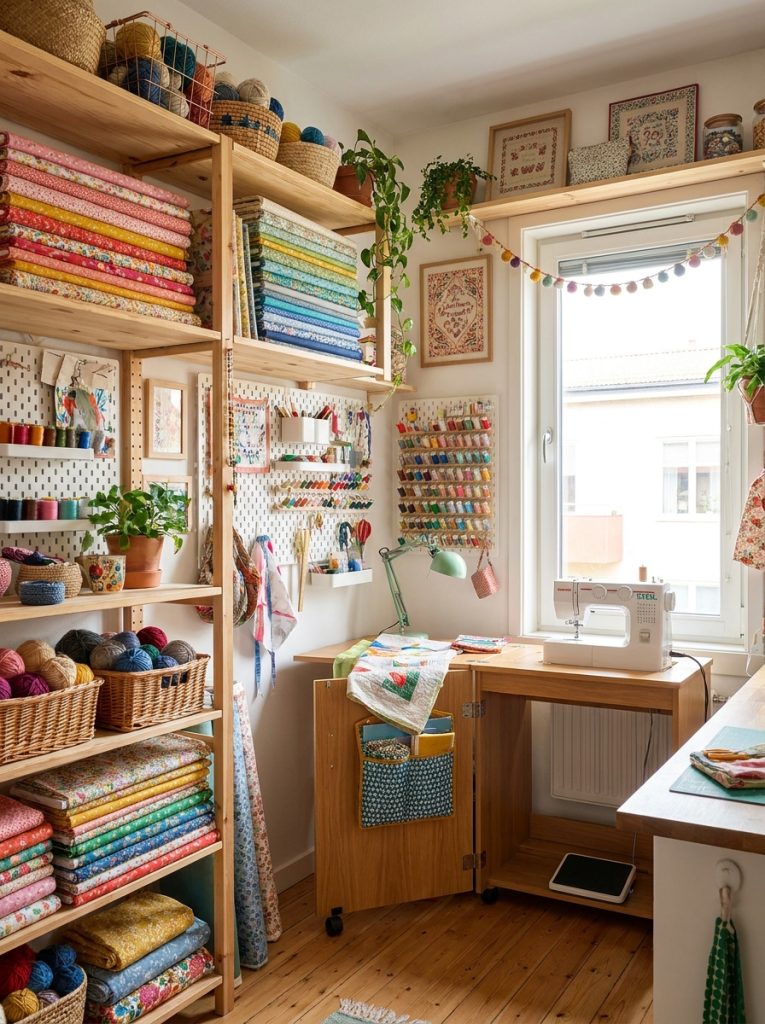 Small sewing room brilliantly organized with fabric on all walls shelves and pegboards accessible from table