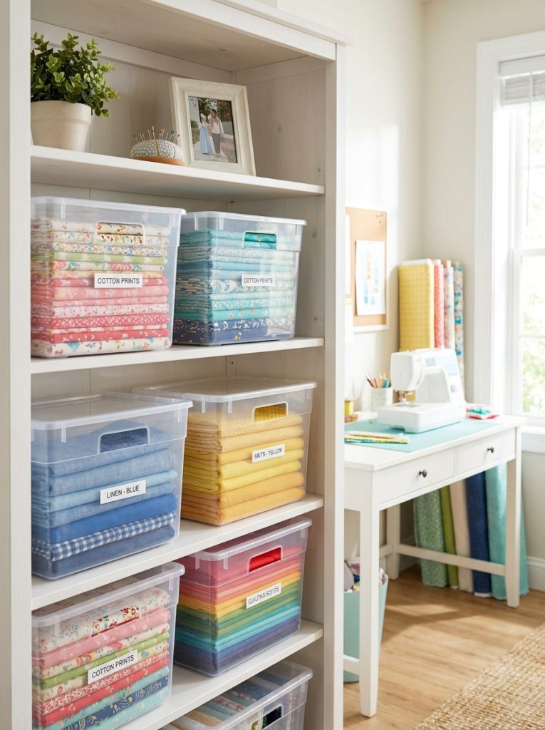  Neat sewing room shelf with clear labeled fabric storage bins showing folded fabrics inside