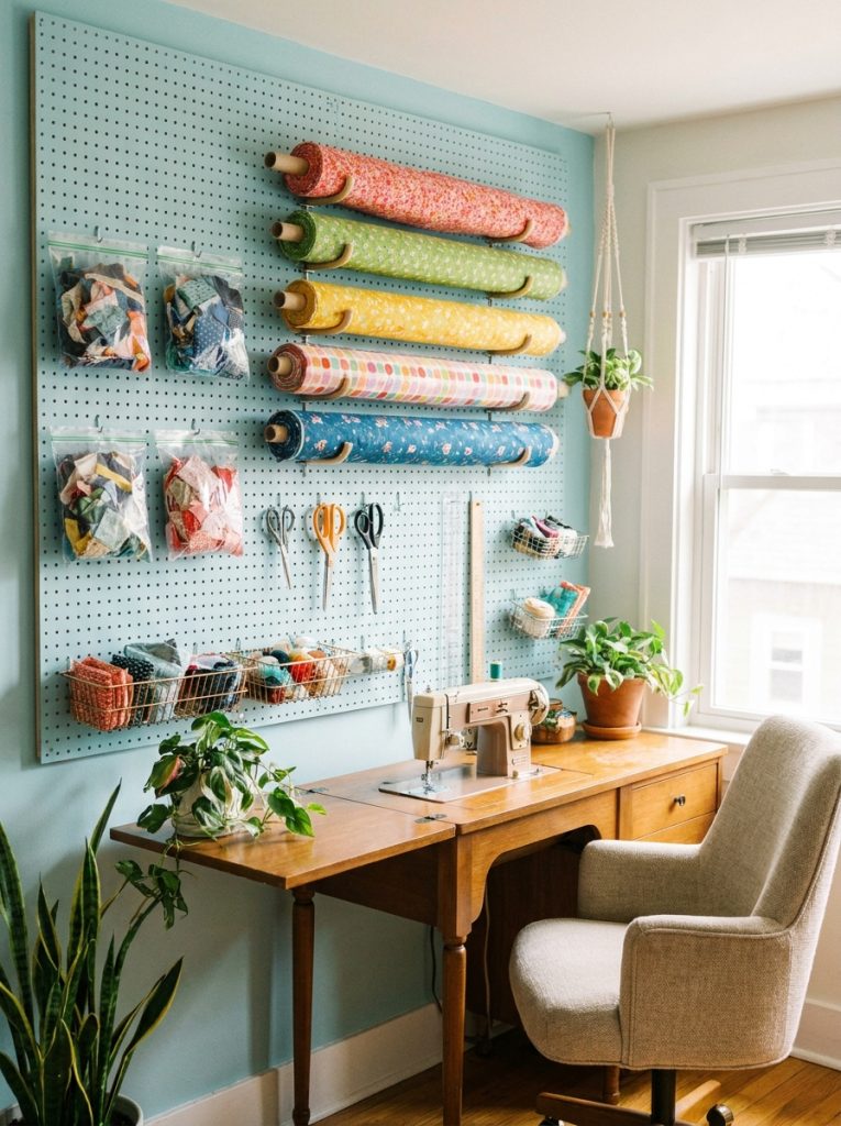 Sewing room pegboard wall with fabric rolls hanging on hooks and clear scrap bags organized neatly