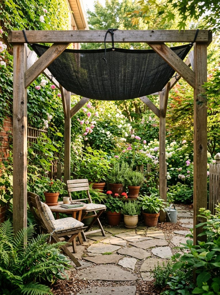 Black outdoor shade cloth draped over wooden frame shading garden and patio
