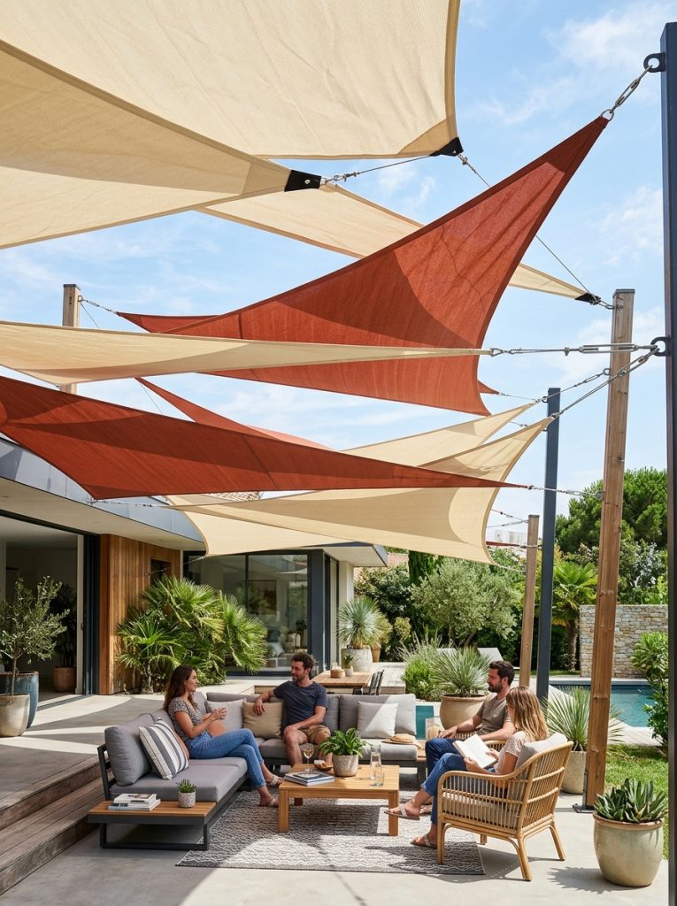 Multiple layered shade sails in cream and terracotta over modern backyard seating