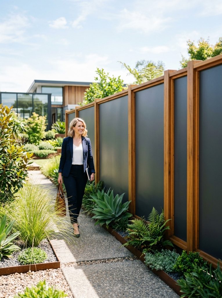 Bold sheet metal fence with smooth flat panels in timber frames and modern architectural plants in sophisticated sunny garden