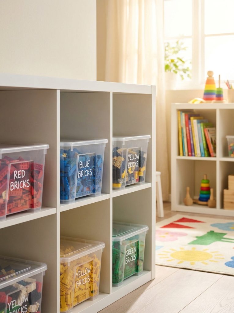 Neat shelf with clear labeled lego storage bins sorted by color in bright organized kids room