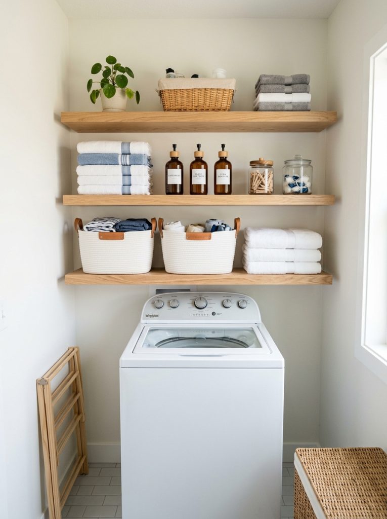 Beautiful wall mounted shelves in small laundry room above and beside top loader machine with organized baskets and supplies