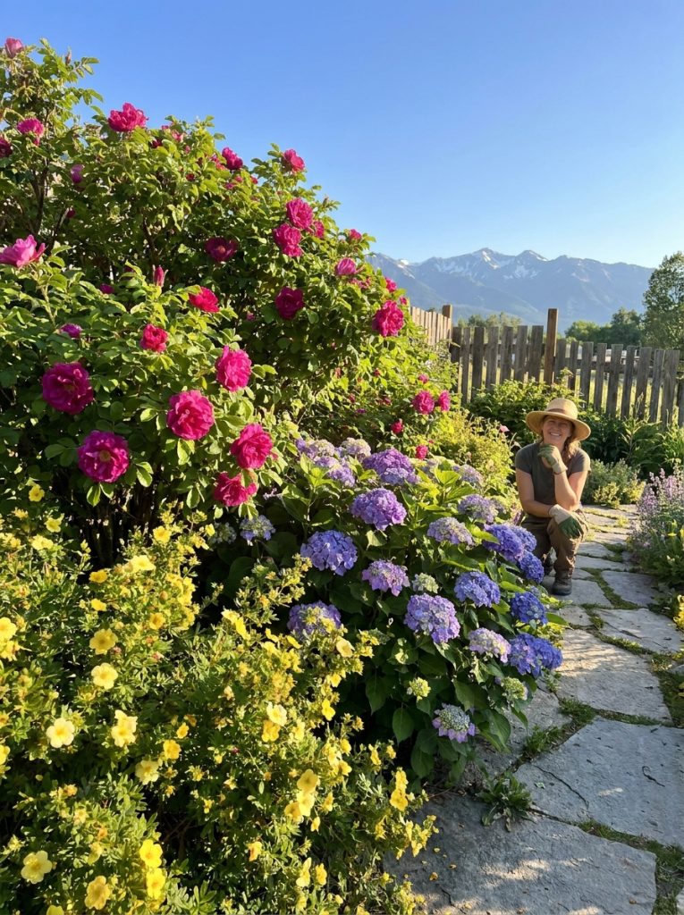 Hardy flowering shrubs in full bloom showing cold-hardiness vigor with colorful flowers in beautiful summer garden