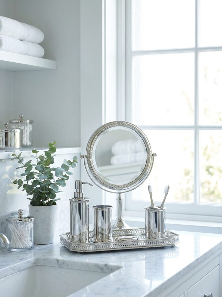 Beautiful silver bathroom decor with gleaming silver soap dispenser toothbrush holder and mirror catching light elegantly