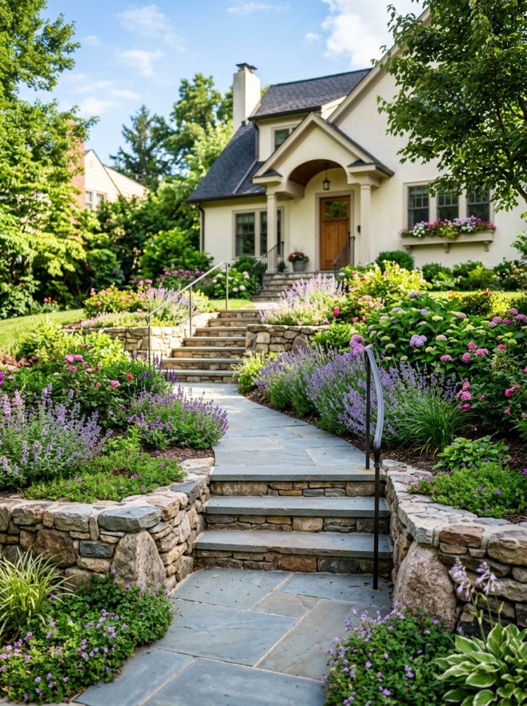 Beautiful sloped front walkway landscaping with steps planted retaining walls and terraced borders in sunny setting 