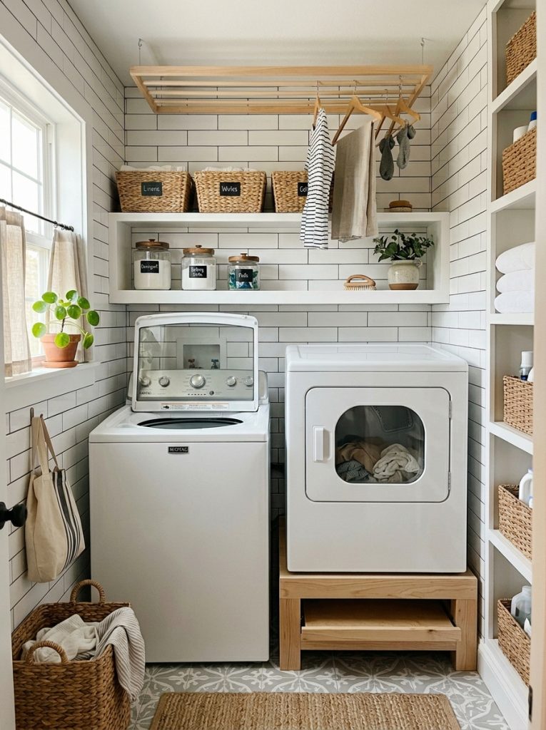  Small laundry room with top loader washer and dryer arranged efficiently side by side in clever organized space