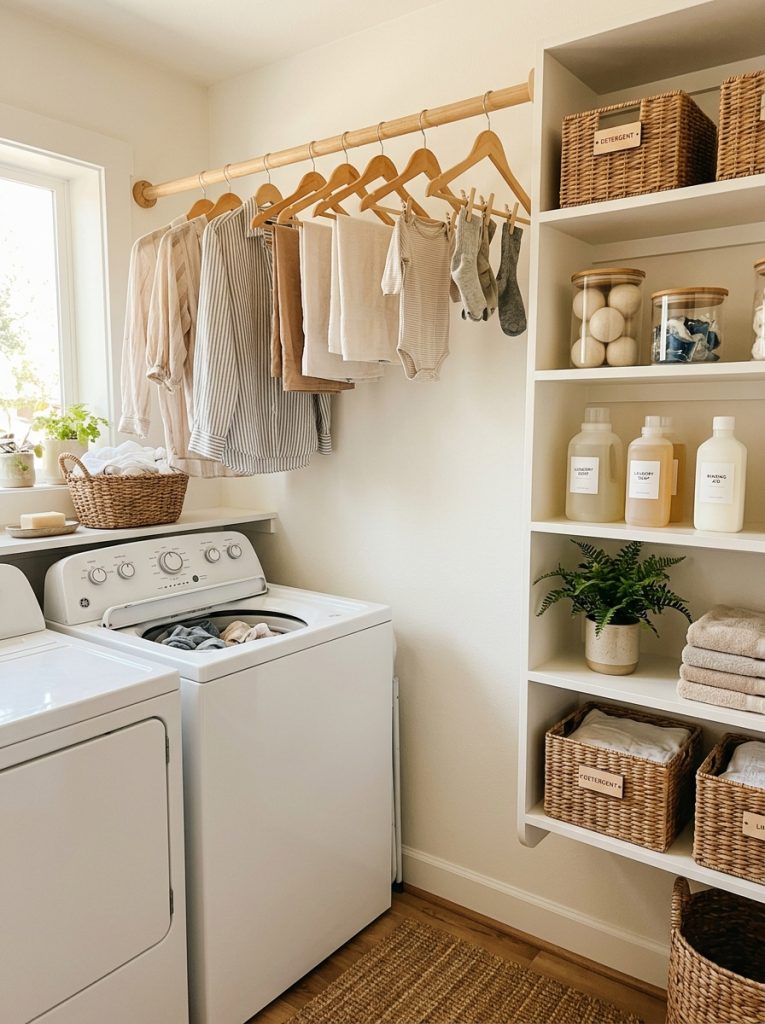  Clever small laundry room with hanging rod beside wall shelves and top loader machine with clothes hanging and supplies organized
