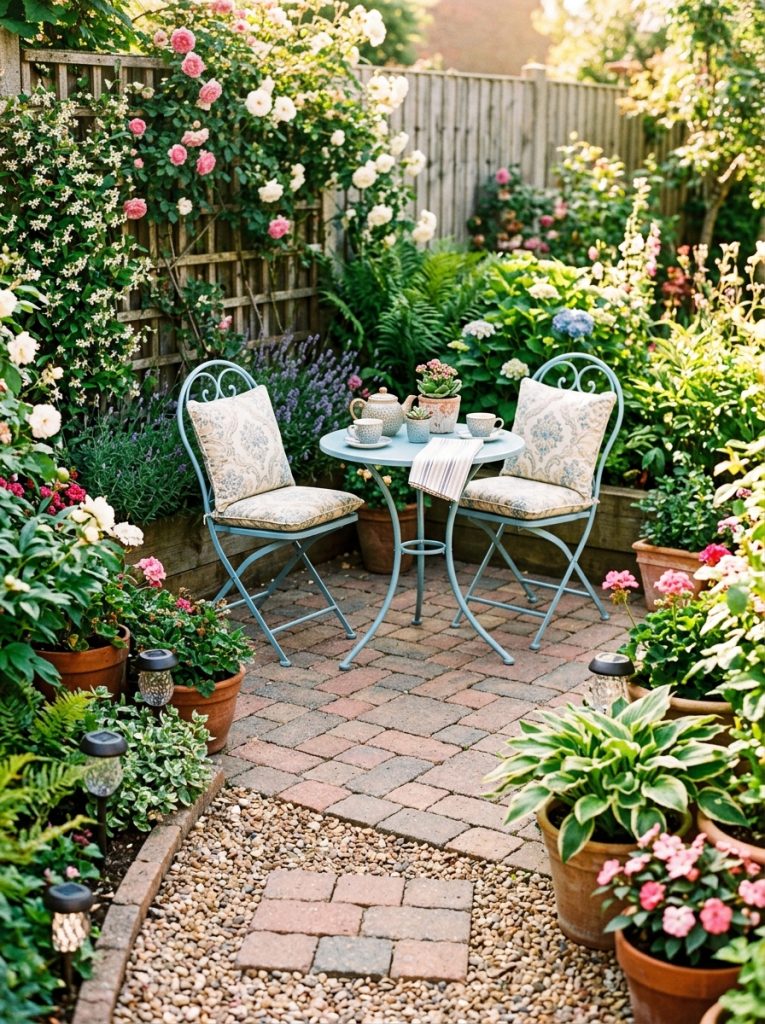 Beautiful small space DIY paver patio with carefully laid pavers and bistro furniture in compact cheerful sunny garden