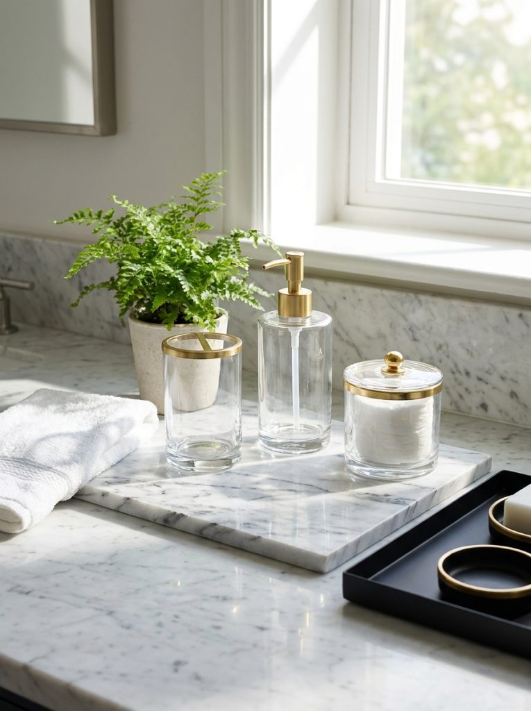 Beautiful bathroom soap dispenser display on marble countertop with matching accessories in gold or matte black finish
