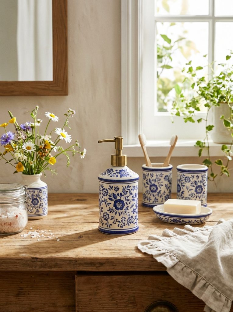  Beautiful cottage-style soap dispenser with charming ceramic details alongside coordinating accessories on cottage bathroom counter