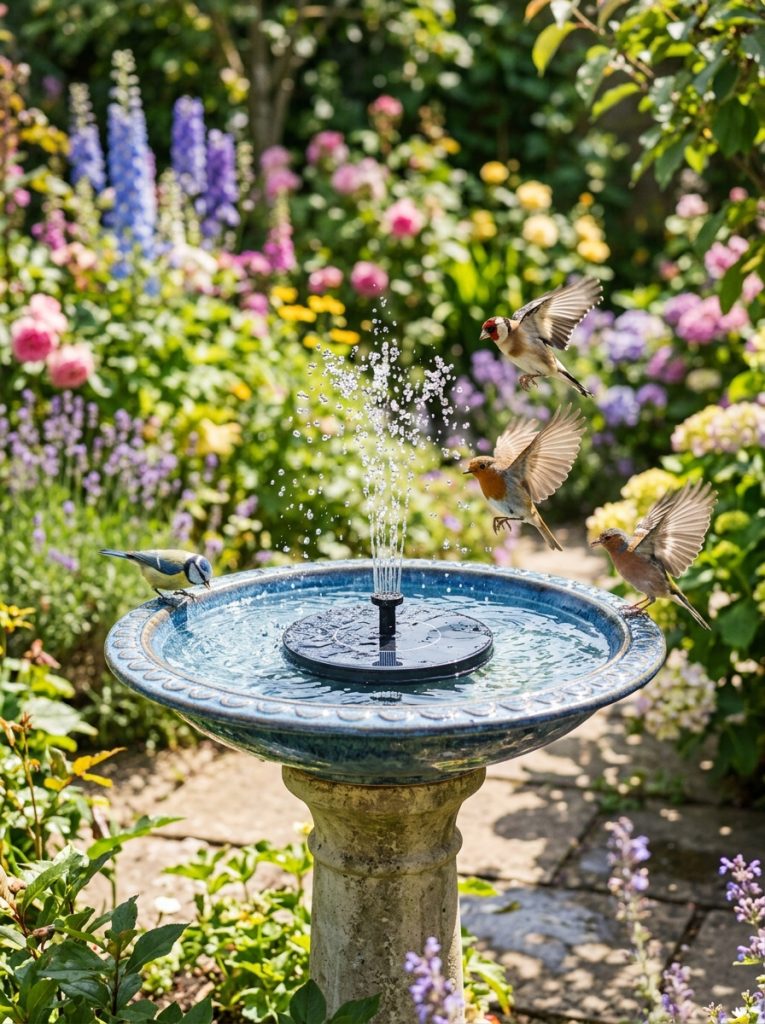 Solar powered bird bath fountain with water spray and birds flying toward it in sunny garden