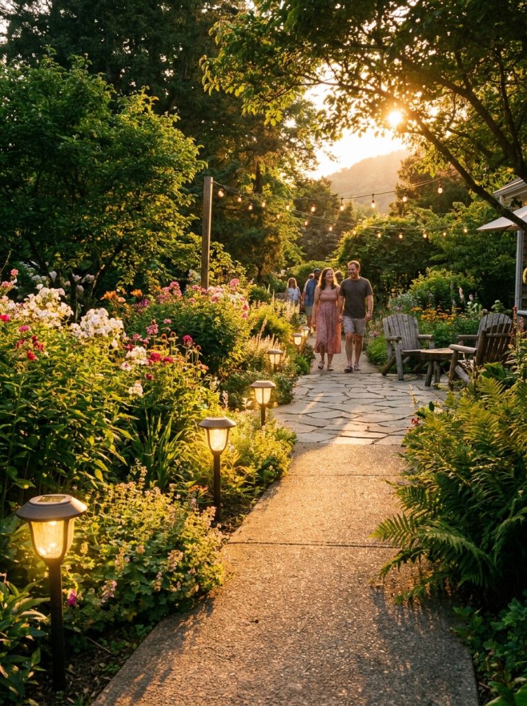 Beautiful outdoor solar lights lining garden path at dusk with warm golden glow through lush backyard