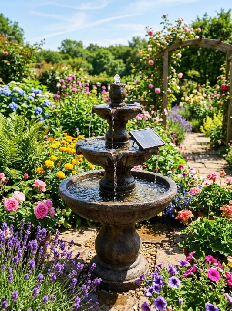 Beautiful solar water fountain operating in bright sunny garden surrounded by colorful flowers and lush green plants