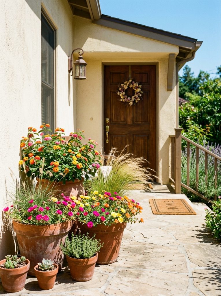 Terracotta drainage pots with lantana portulaca and grasses on full sun front porch