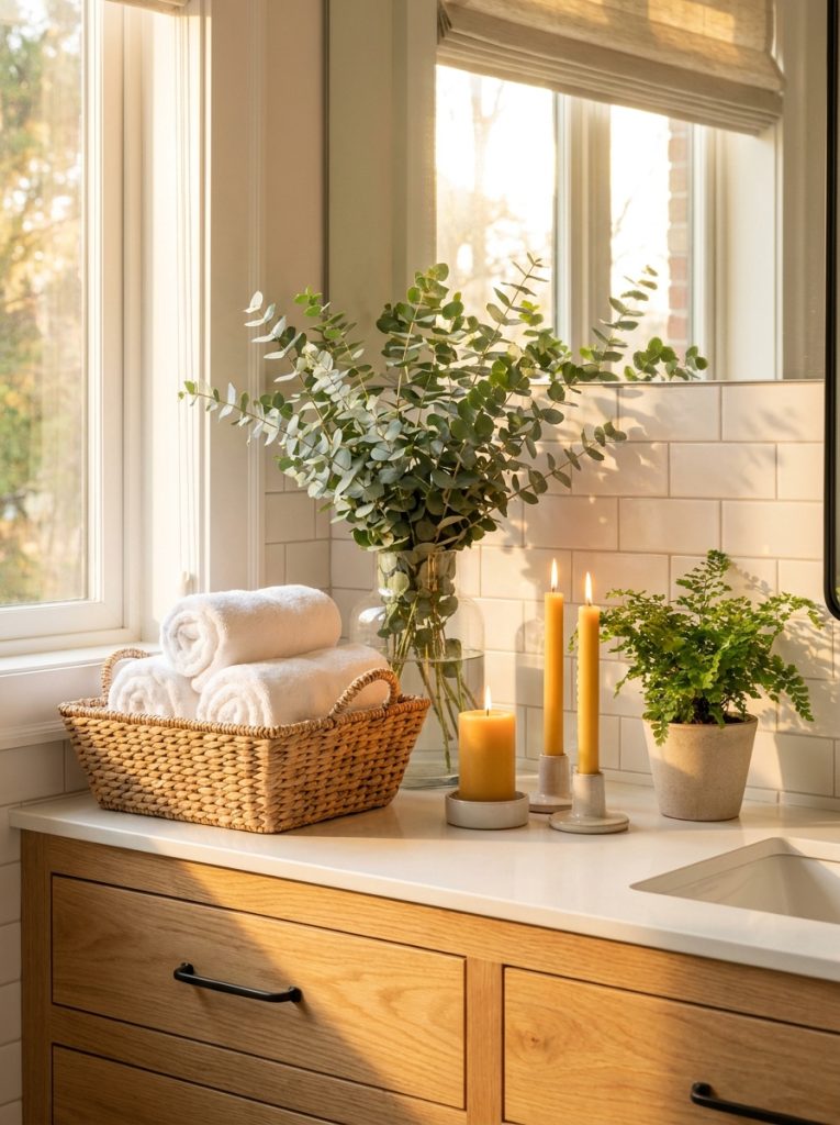 Beautiful spa-inspired bathroom decor with rolled towels eucalyptus candles and small plant creating serene sanctuary