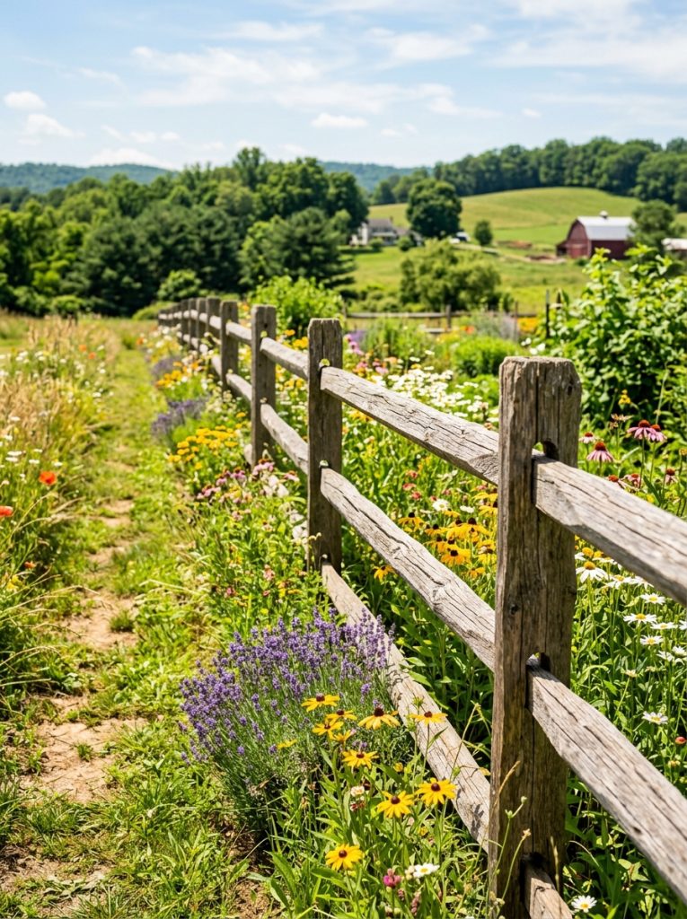 Beautiful split rail fence with classic horizontal rails between upright posts and native wildflowers in sunny rural garden