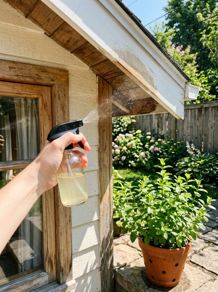 Peppermint oil spray bottle being used around house exterior corners as wasp repellent