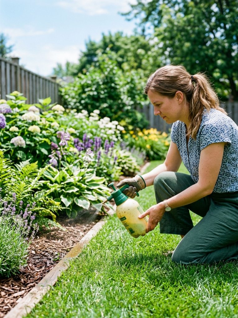 Person spraying neem oil mosquito repellent around backyard lawn and garden bed edges