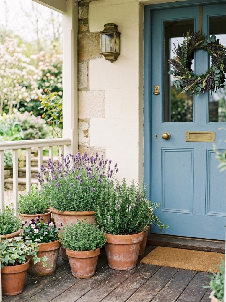 Terracotta pots with lavender rosemary and thyme on fresh spring front porch