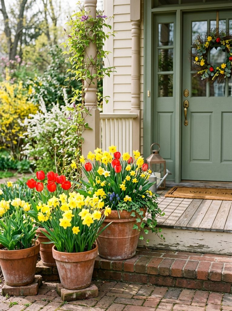 Terracotta pots overflowing with yellow daffodils and red tulips on spring front porch